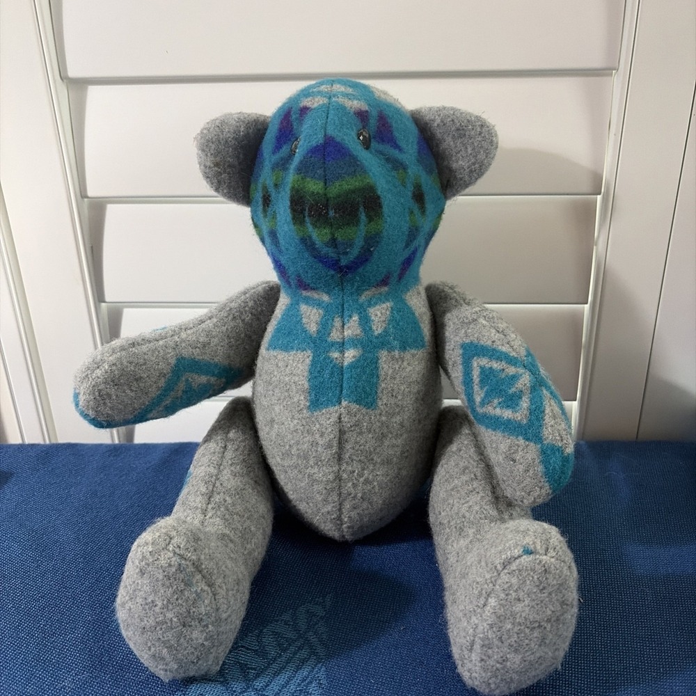Native American Inspired Plush Jointed 15" Teddy Bear Wool Like Gray With Teal
